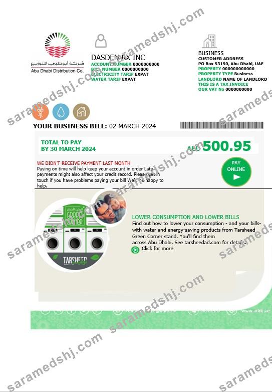 UAE Abu Dhabi Distribution Co. business utility bill template in Word and PDF formats